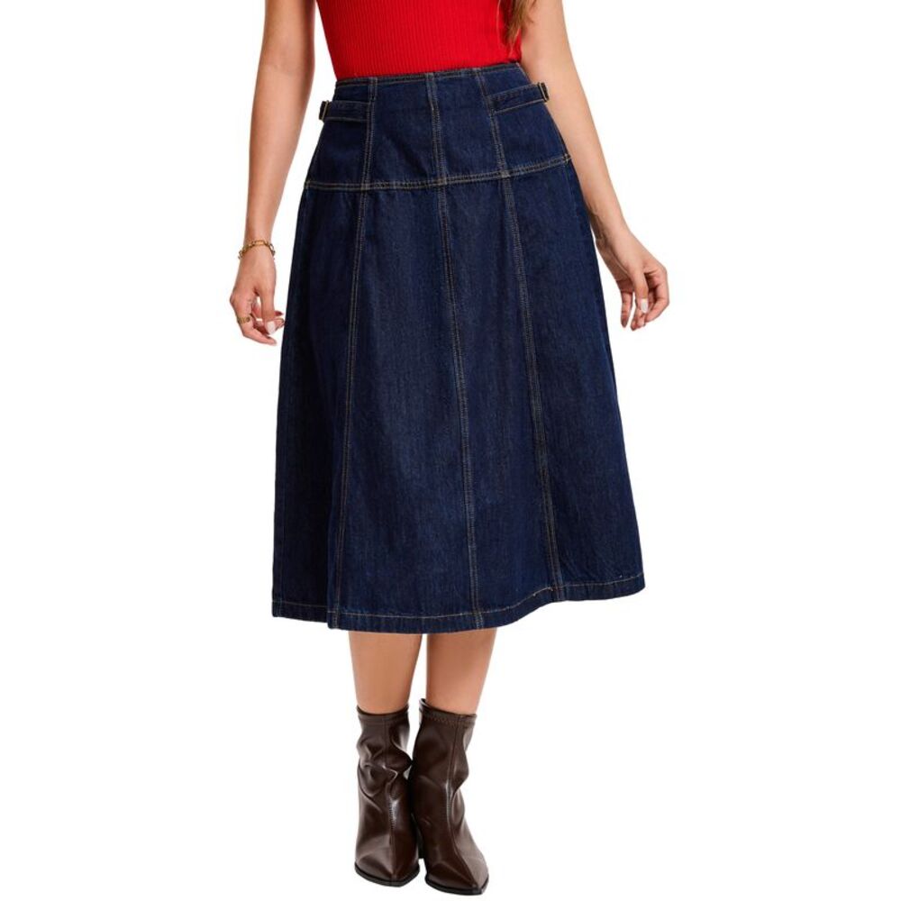 Womens High Waist Midi Denim Skirt A-Line Seamed Hem Jean Skirts Dark Blue